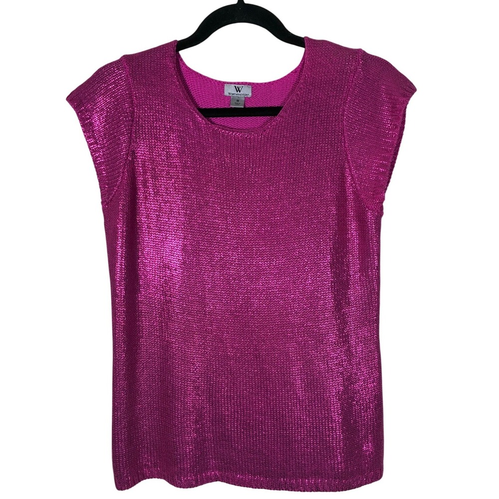 Worthington Womens Medium Pink Metallic Shimmer Knit Cap Sleeve Top FLAWS